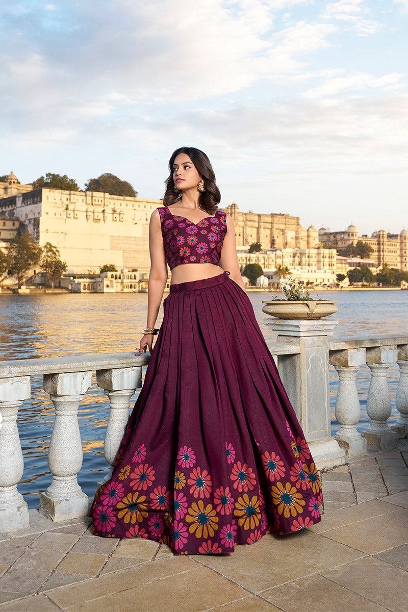 Designer Wine Tusser Silk Lehenga Choli With Intricate Print And Dupatta