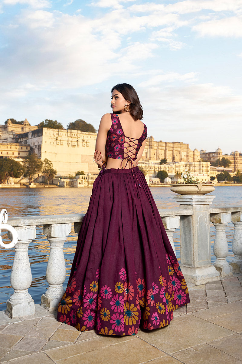 Designer Wine Tusser Silk Lehenga Choli With Intricate Print And Dupatta