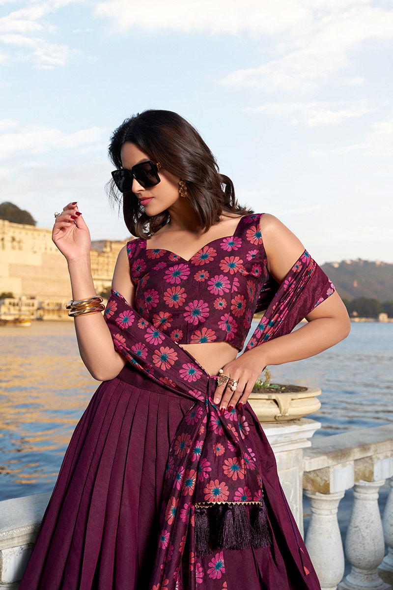 Designer Wine Tusser Silk Lehenga Choli With Intricate Print And Dupatta