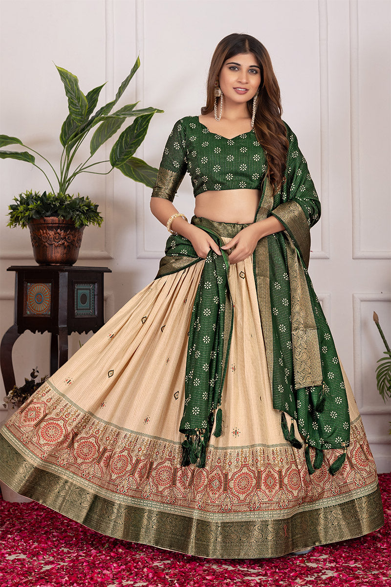 Quintessential Beige & Green Tusser Silk Lehenga Choli with Dupatta