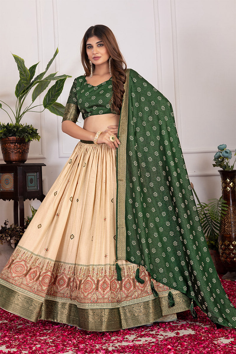 Quintessential Beige & Green Tusser Silk Lehenga Choli with Dupatta