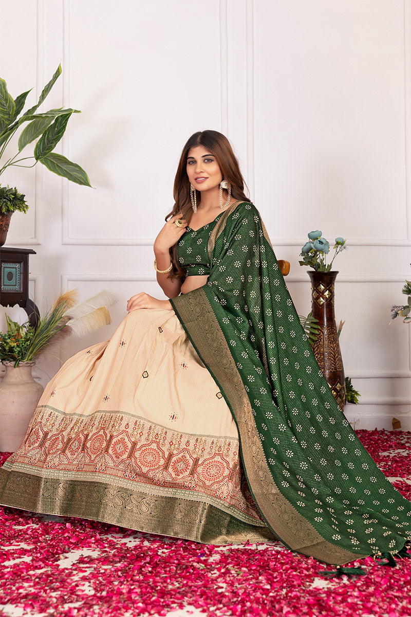 Quintessential Beige & Green Tusser Silk Lehenga Choli with Dupatta
