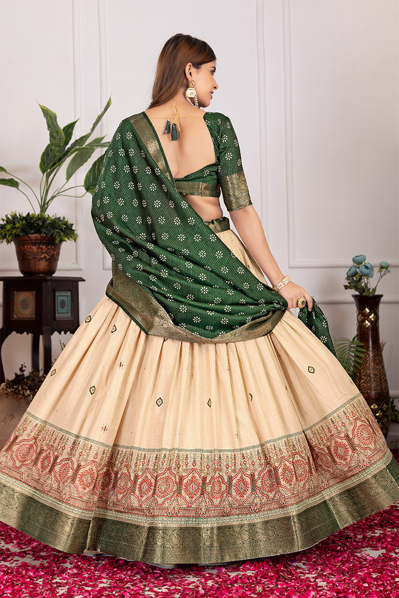 Quintessential Beige & Green Tusser Silk Lehenga Choli with Dupatta