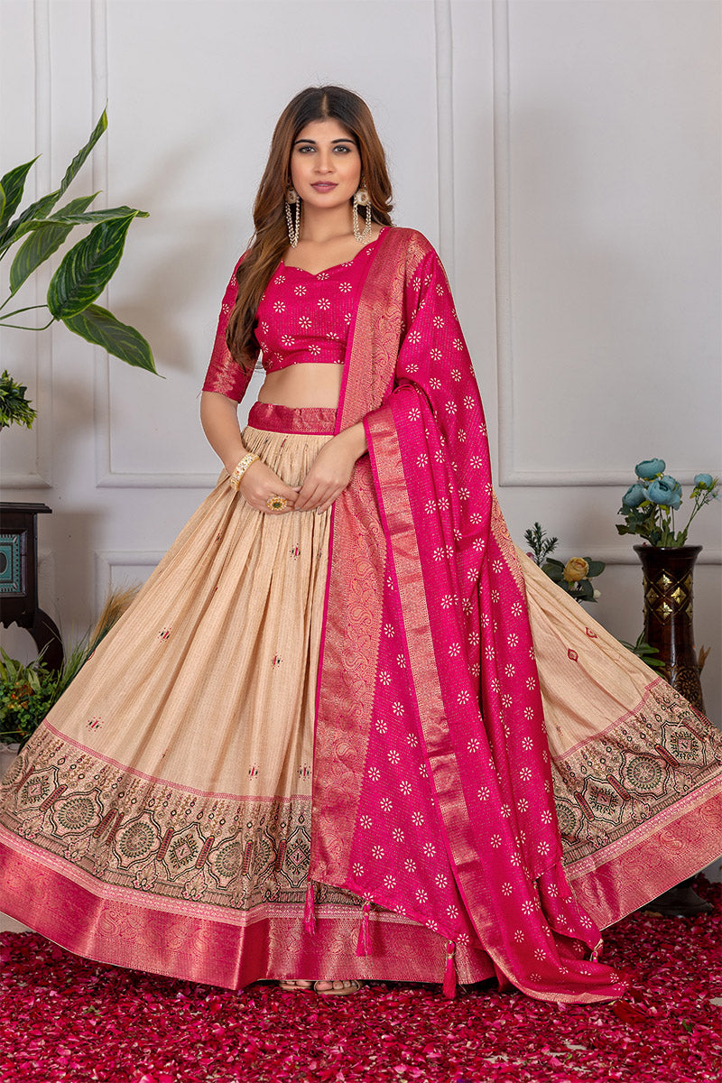 Incomparable Beige & Pink Tusser Silk Lehenga Choli with Dupatta