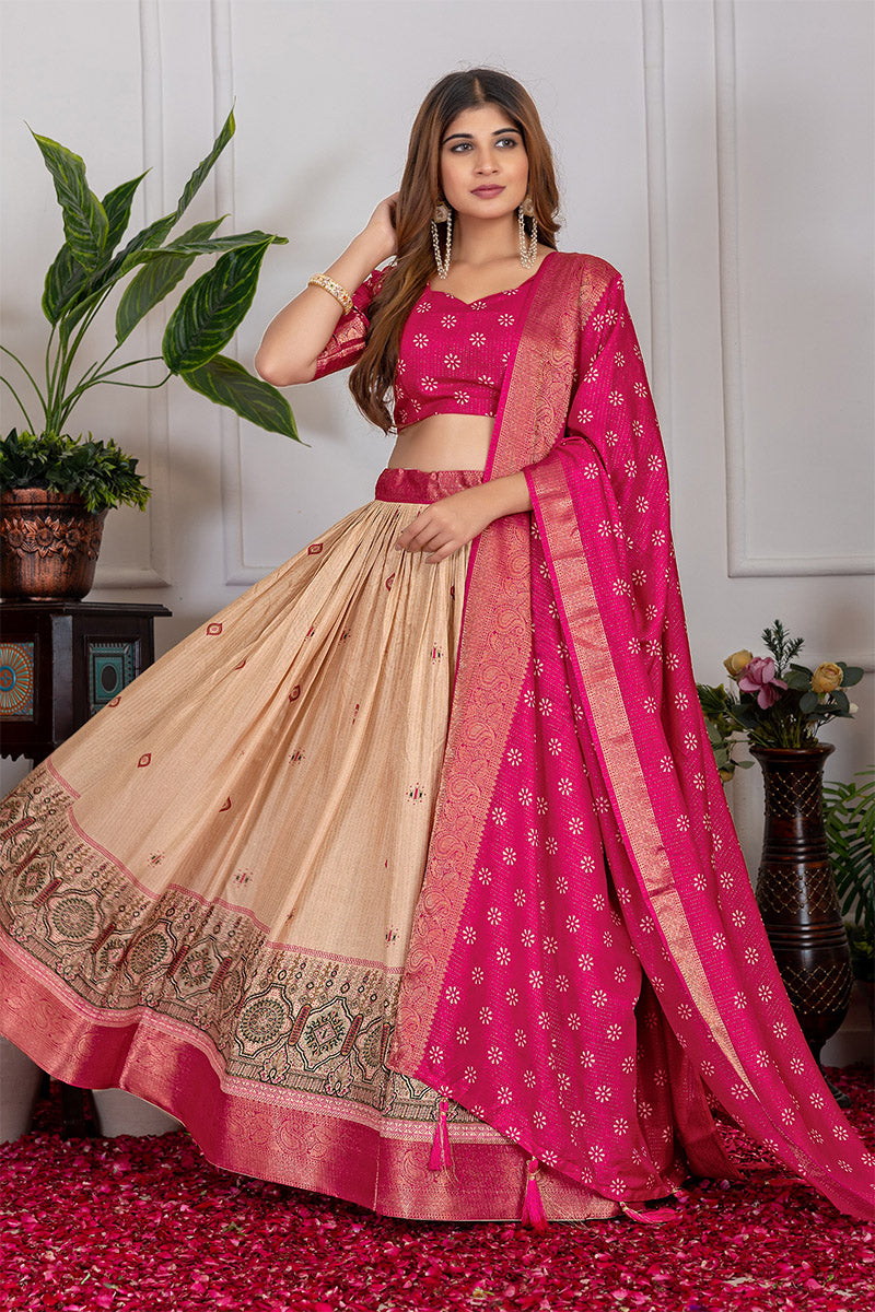 Incomparable Beige & Pink Tusser Silk Lehenga Choli with Dupatta