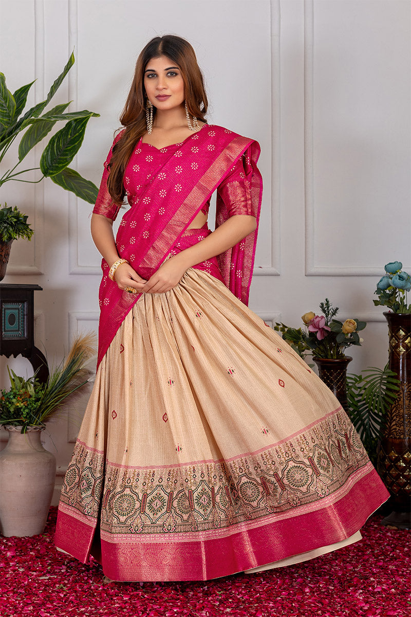 Incomparable Beige & Pink Tusser Silk Lehenga Choli with Dupatta