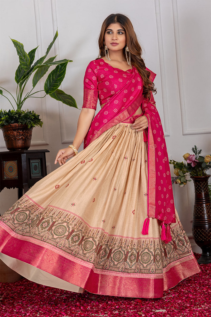 Incomparable Beige & Pink Tusser Silk Lehenga Choli with Dupatta