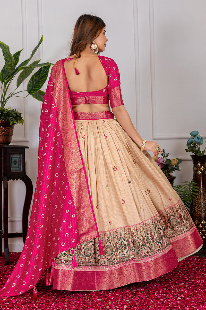Incomparable Beige & Pink Tusser Silk Lehenga Choli with Dupatta