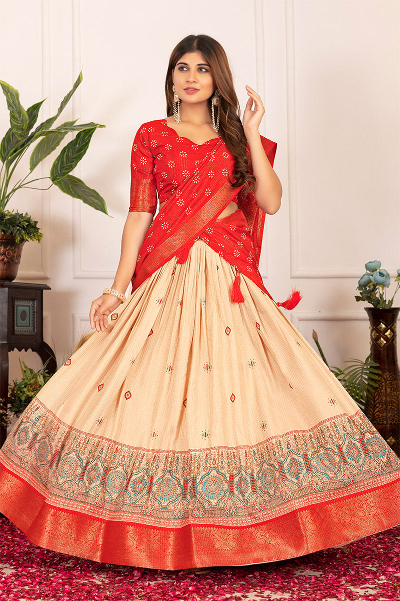 Mesmeric Beige & Red Tusser Silk Lehenga Choli with Dupatta