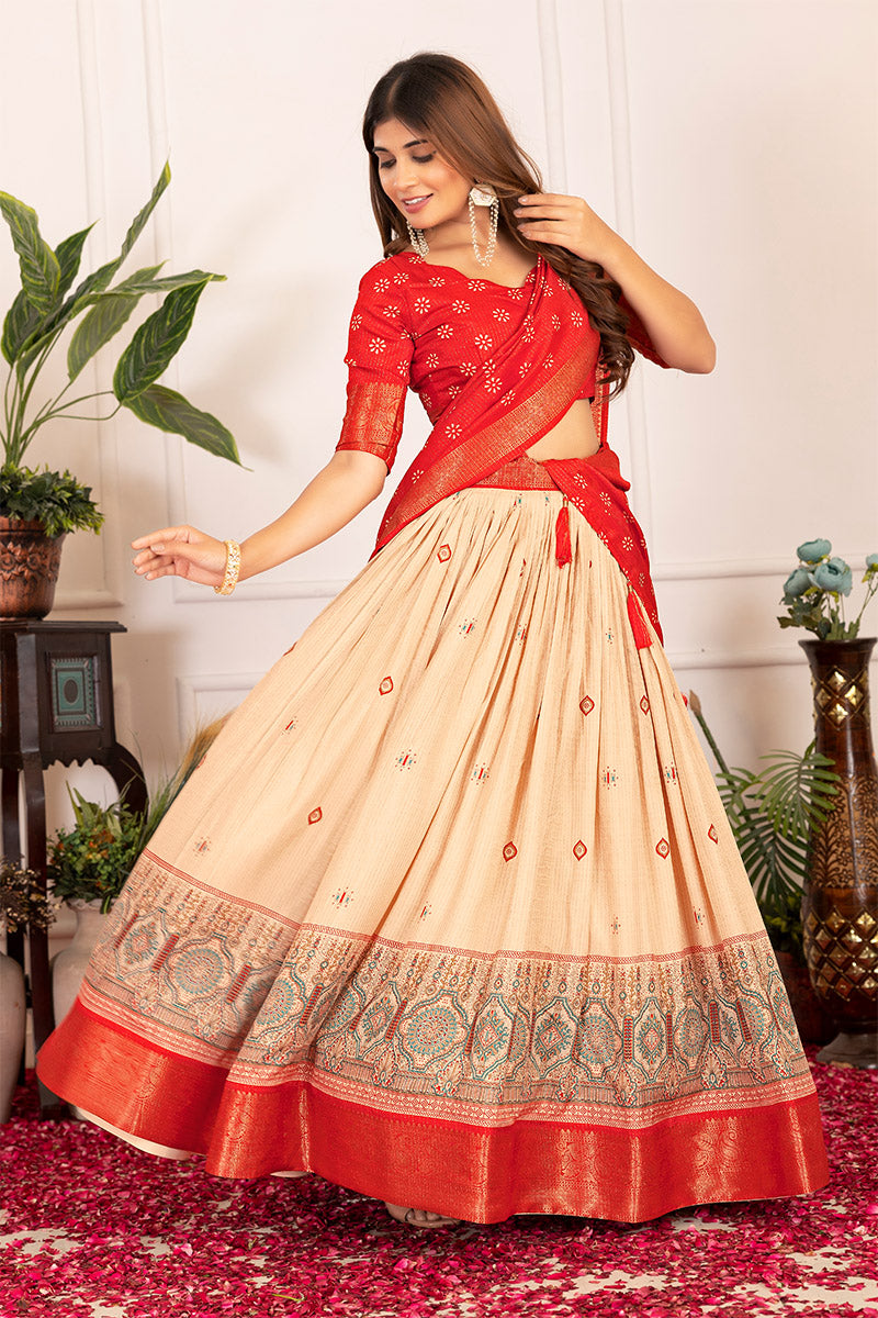 Mesmeric Beige & Red Tusser Silk Lehenga Choli with Dupatta