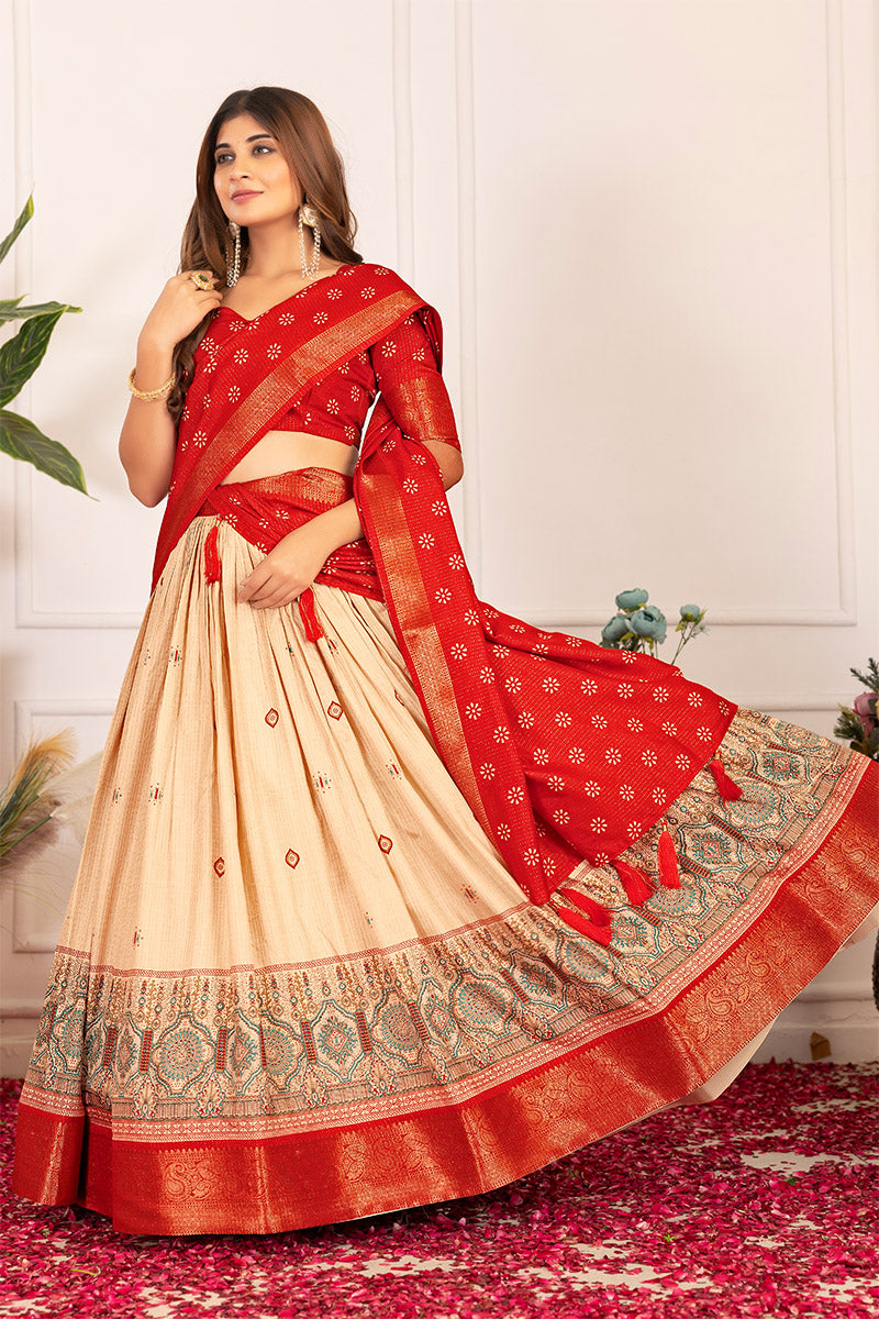 Mesmeric Beige & Red Tusser Silk Lehenga Choli with Dupatta