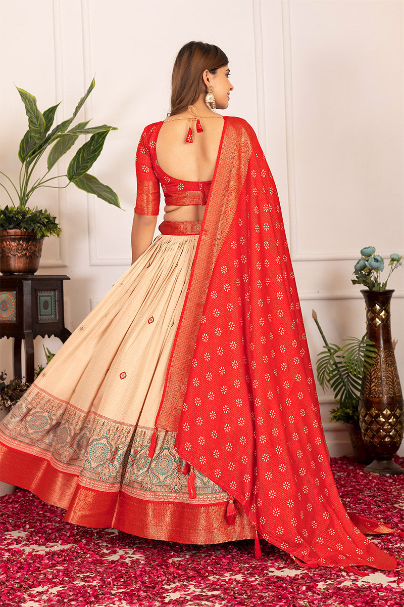 Mesmeric Beige & Red Tusser Silk Lehenga Choli with Dupatta