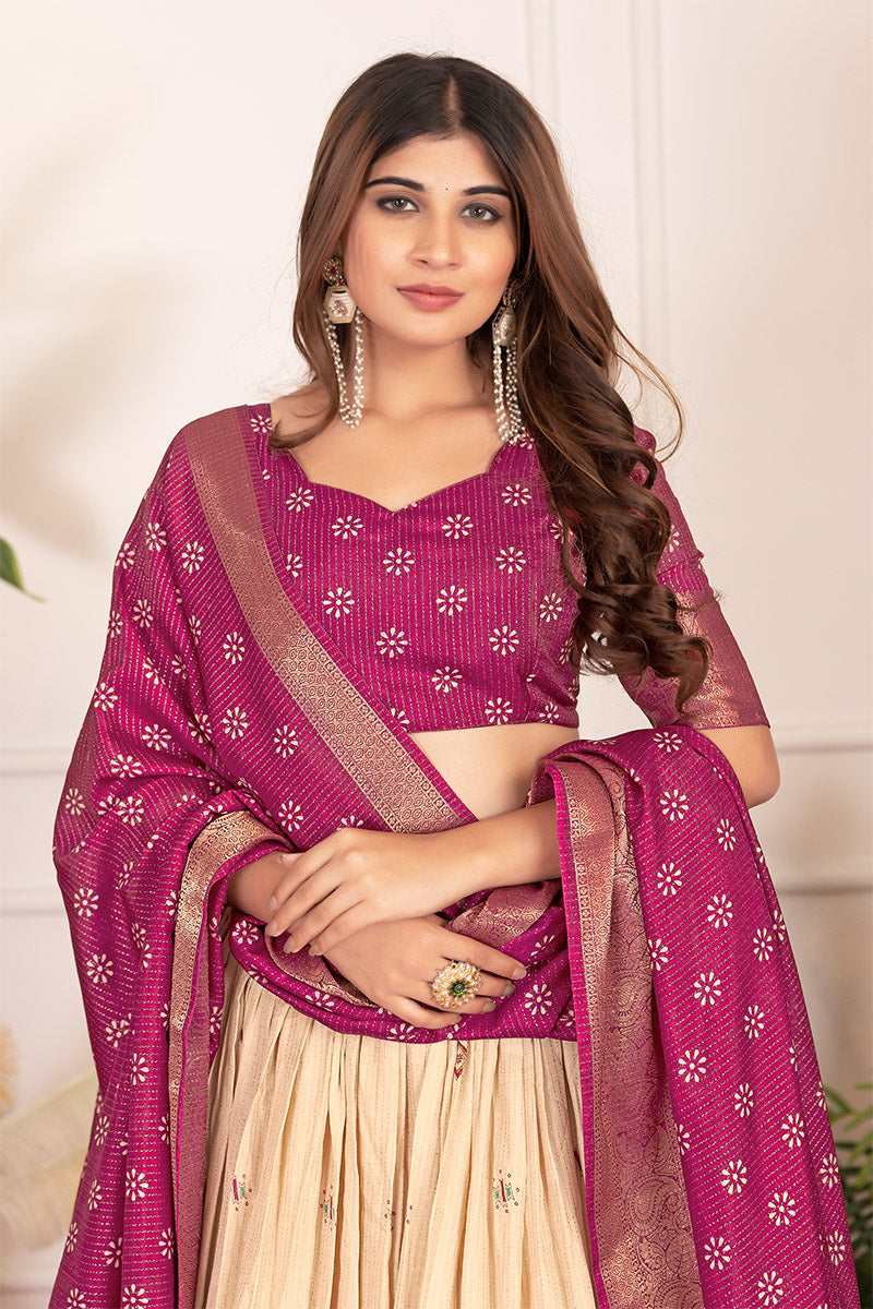 Pleasurable Beige & Wine Tusser Silk Lehenga Choli with Dupatta