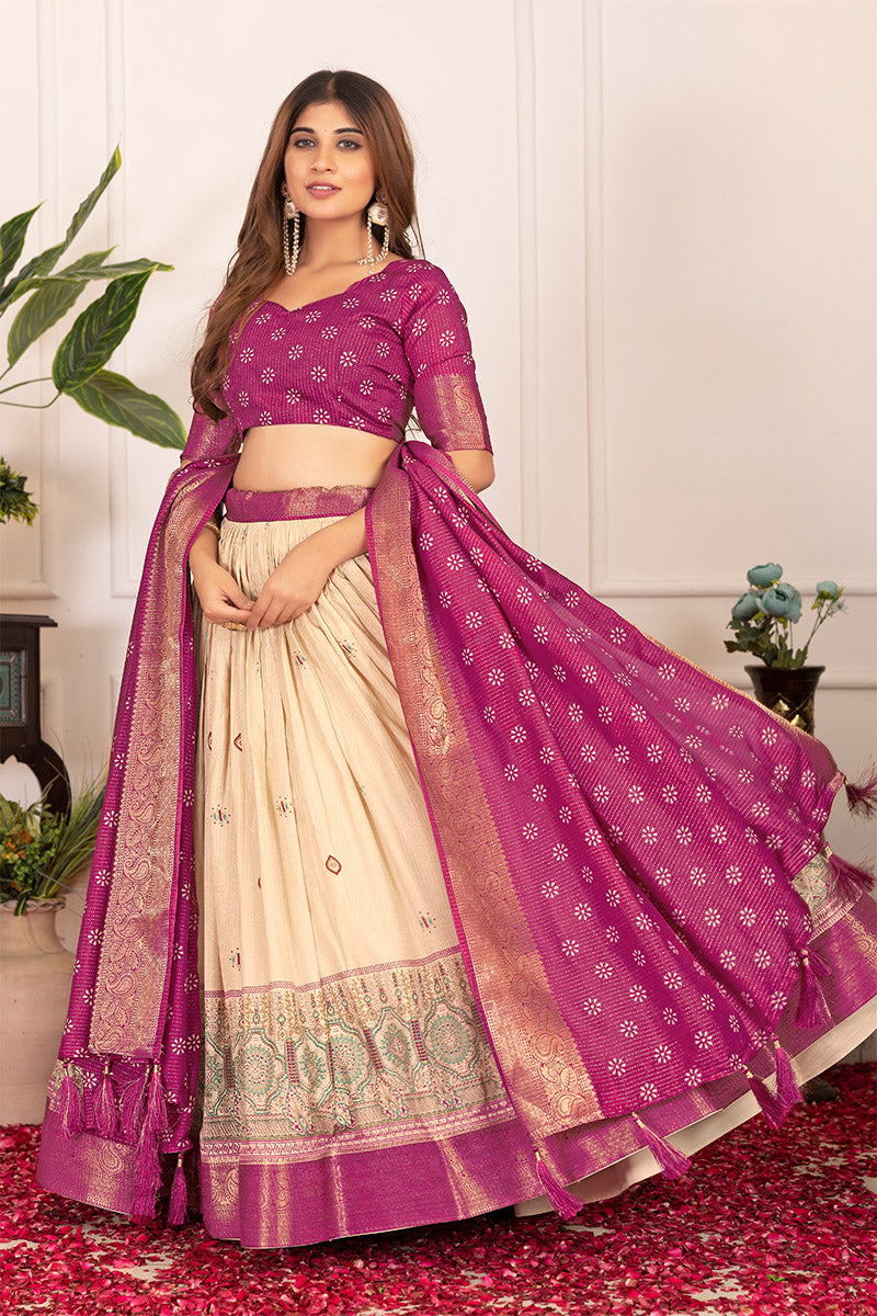Pleasurable Beige & Wine Tusser Silk Lehenga Choli with Dupatta