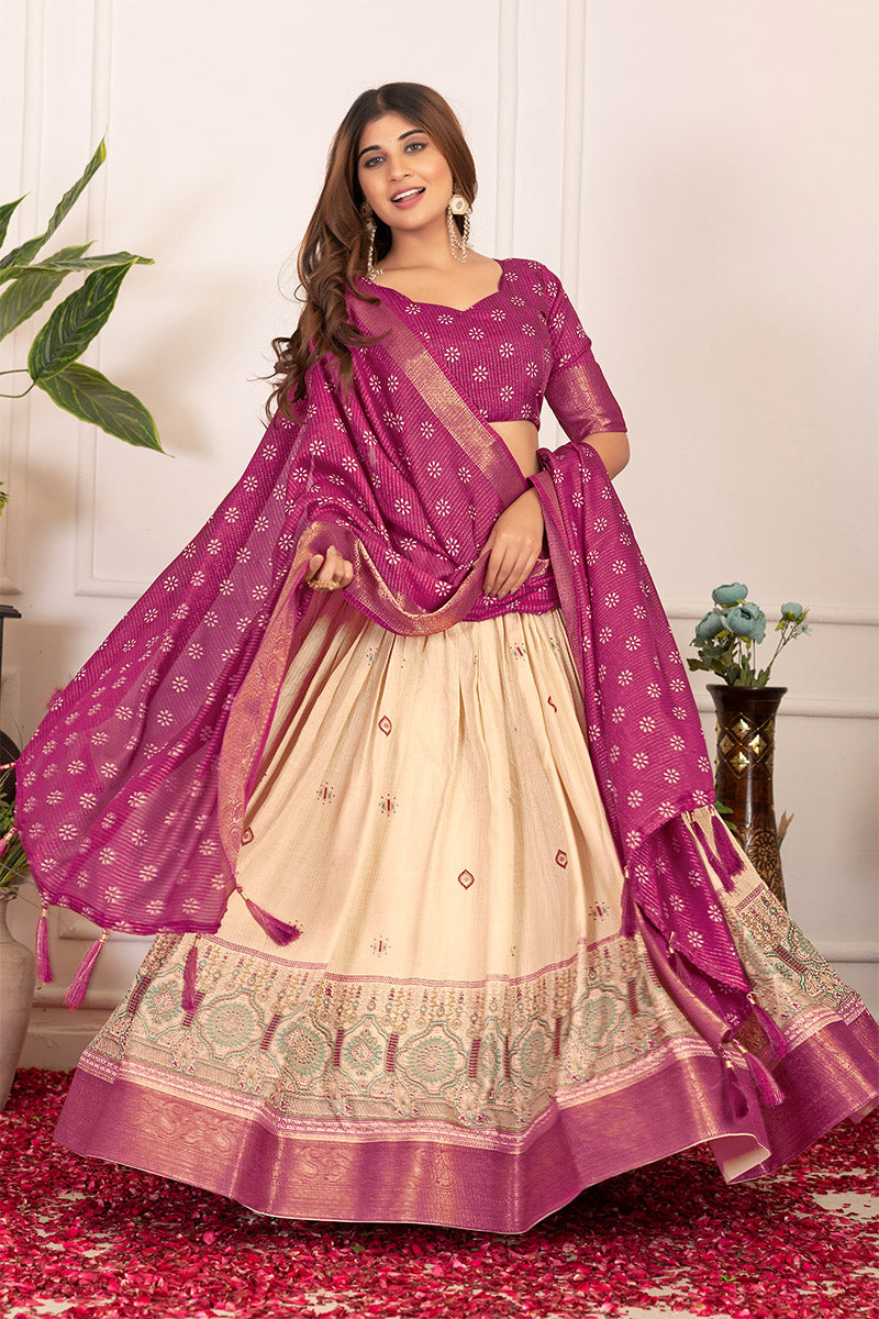Pleasurable Beige & Wine Tusser Silk Lehenga Choli with Dupatta