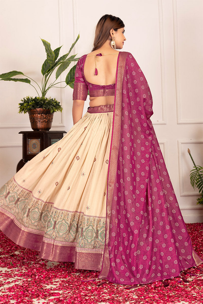 Pleasurable Beige & Wine Tusser Silk Lehenga Choli with Dupatta