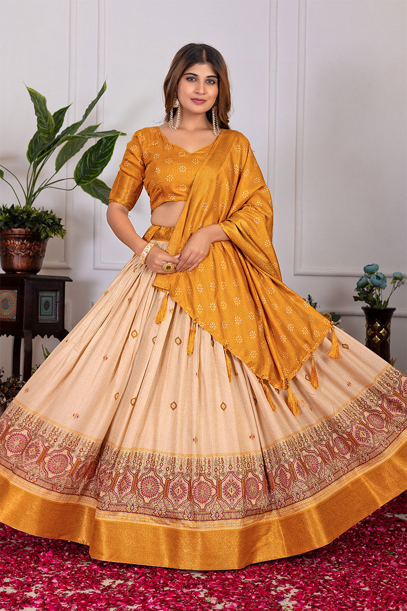 Serendipity Beige & Yellow Tusser Silk Lehenga Choli with Dupatta