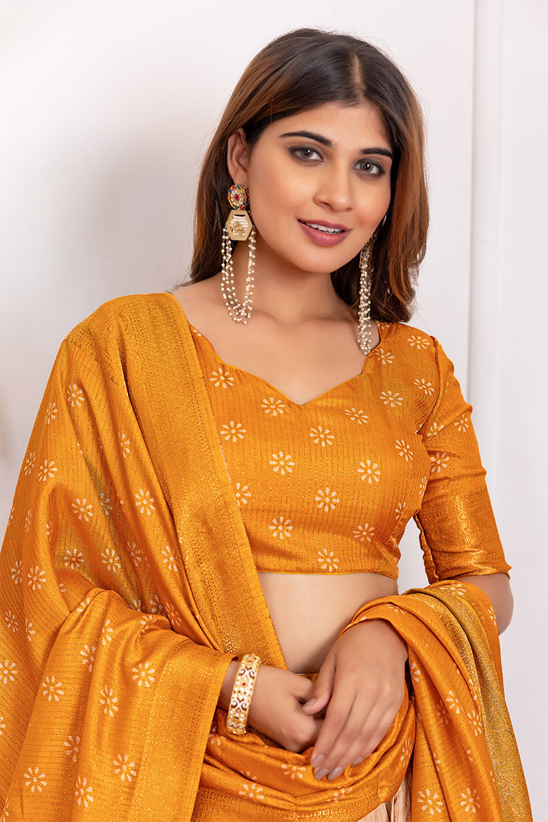 Serendipity Beige & Yellow Tusser Silk Lehenga Choli with Dupatta