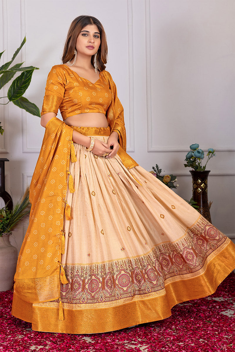 Serendipity Beige & Yellow Tusser Silk Lehenga Choli with Dupatta