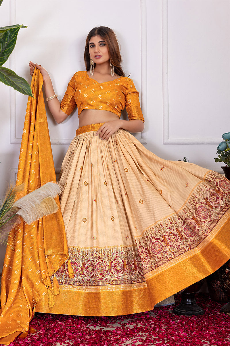 Serendipity Beige & Yellow Tusser Silk Lehenga Choli with Dupatta