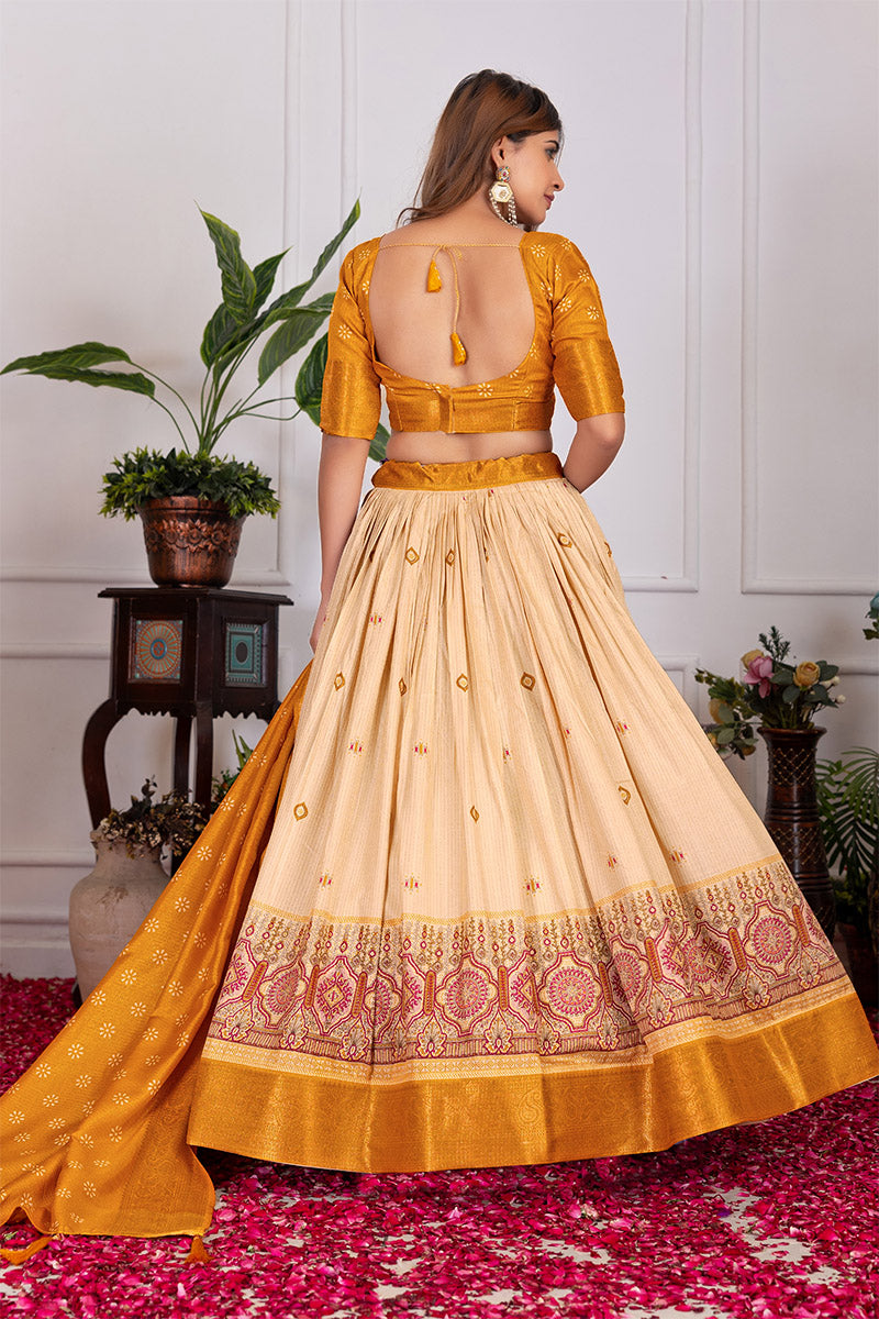 Serendipity Beige & Yellow Tusser Silk Lehenga Choli with Dupatta