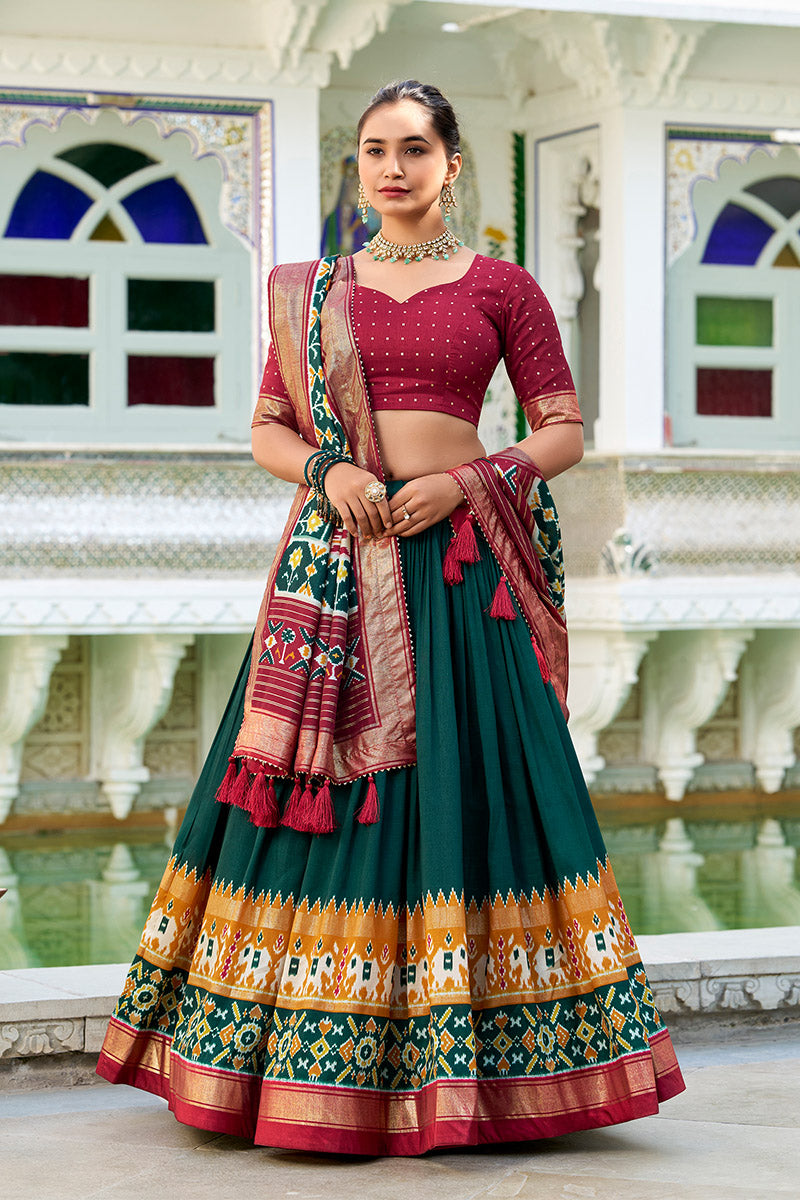 Ailurophile Green & Maroon Tusser Silk Lehenga Choli With Dupatta
