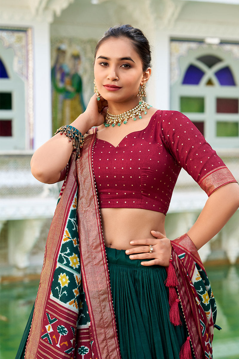 Ailurophile Green & Maroon Tusser Silk Lehenga Choli With Dupatta
