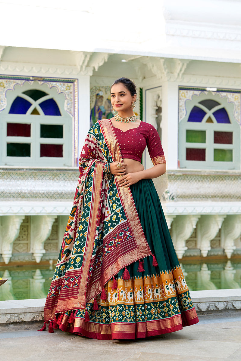 Ailurophile Green & Maroon Tusser Silk Lehenga Choli With Dupatta