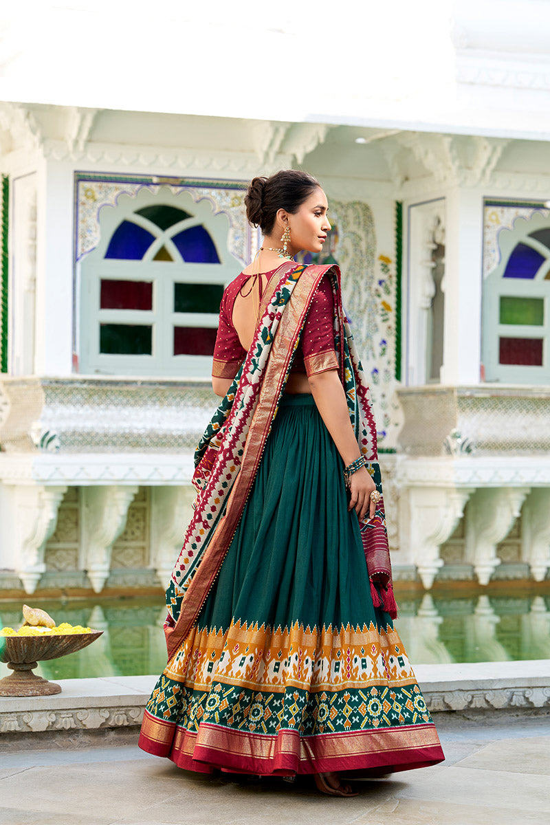Ailurophile Green & Maroon Tusser Silk Lehenga Choli With Dupatta