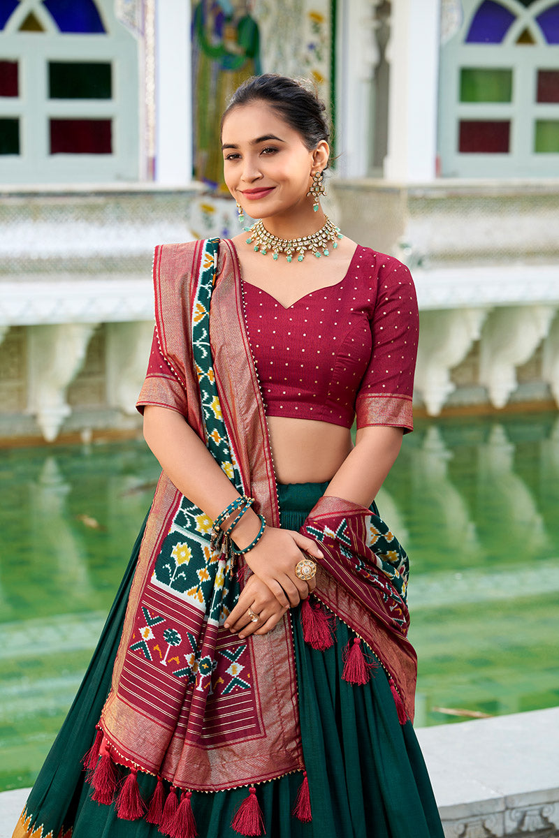 Ailurophile Green & Maroon Tusser Silk Lehenga Choli With Dupatta