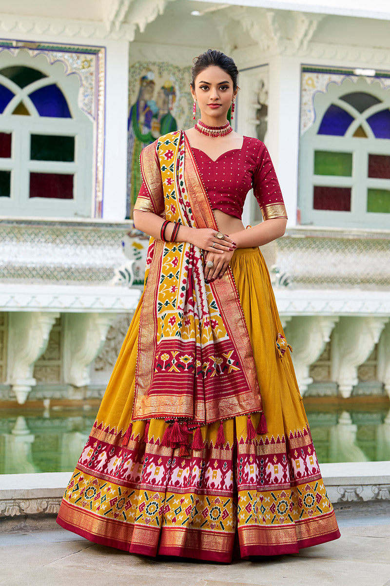 Breathtaking Mustered & Maroon Tusser Silk Lehenga Choli With Dupatta