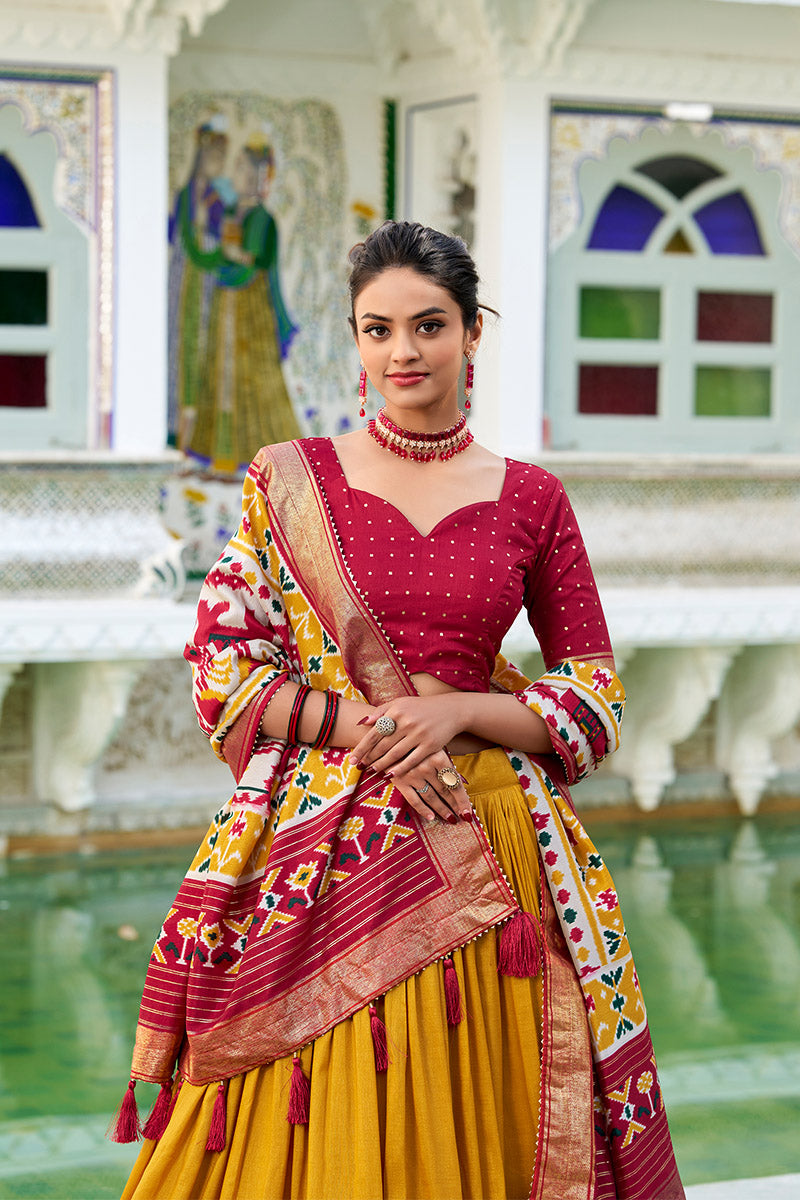 Breathtaking Mustered & Maroon Tusser Silk Lehenga Choli With Dupatta