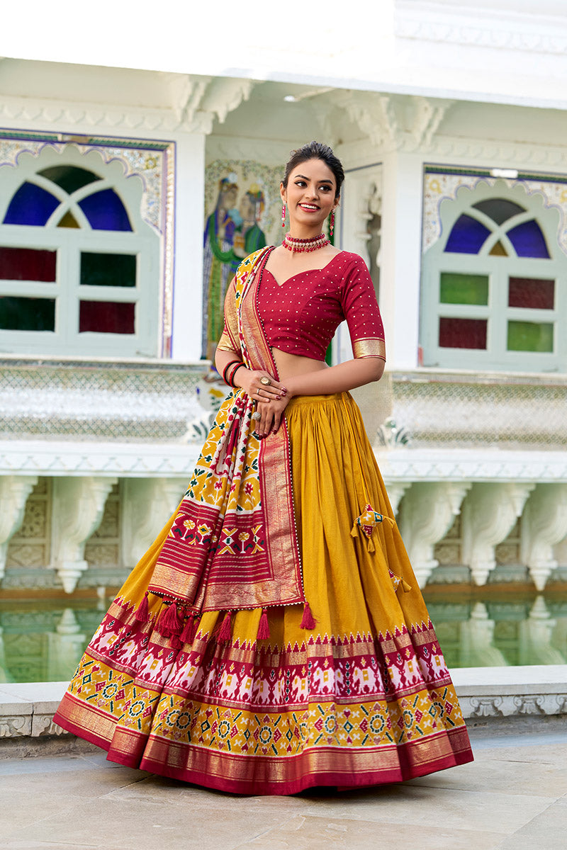 Breathtaking Mustered & Maroon Tusser Silk Lehenga Choli With Dupatta