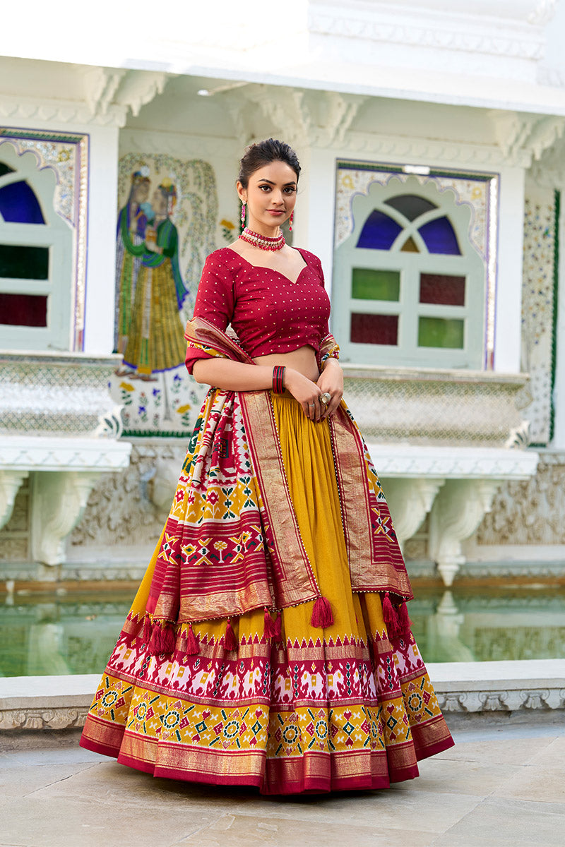 Breathtaking Mustered & Maroon Tusser Silk Lehenga Choli With Dupatta