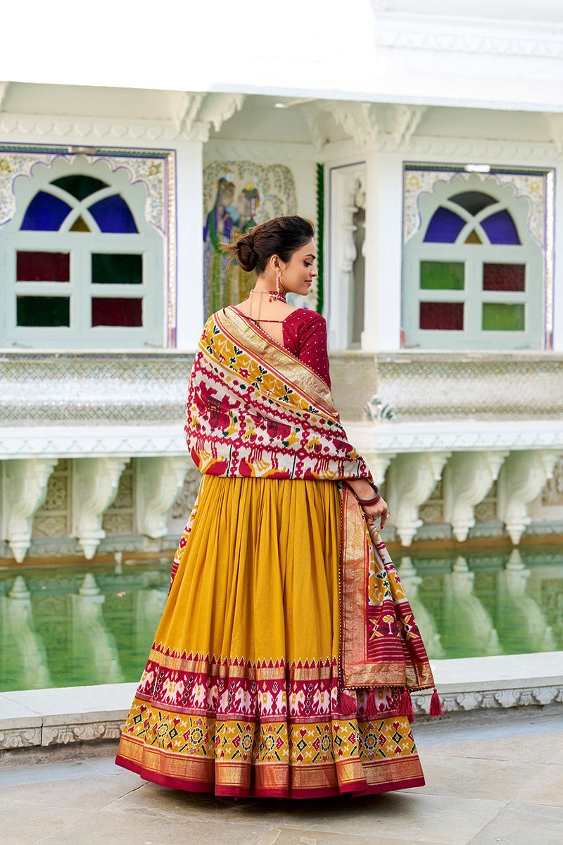 Breathtaking Mustered & Maroon Tusser Silk Lehenga Choli With Dupatta