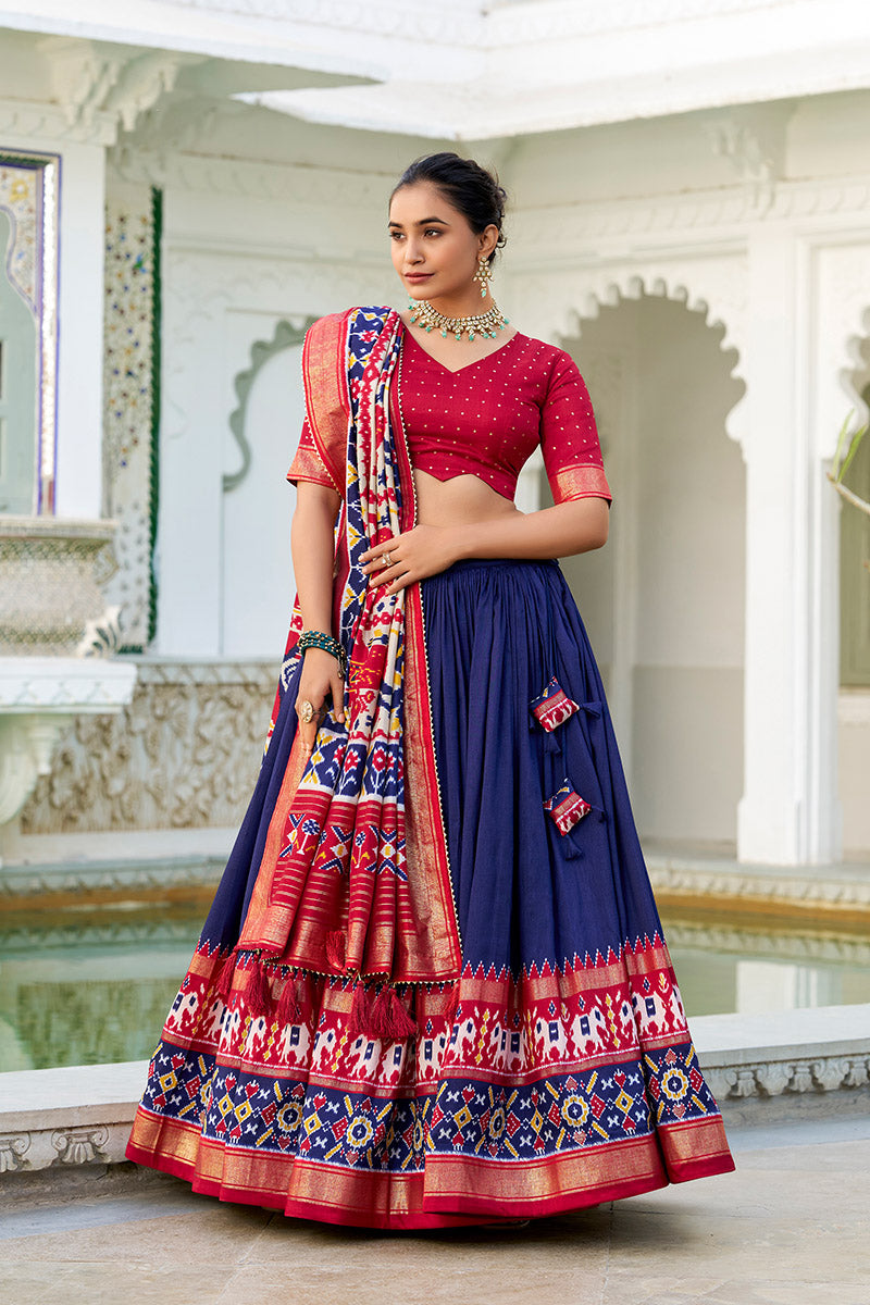 Comely Navy Blue & Red Tusser Silk Lehenga Choli With Dupatta