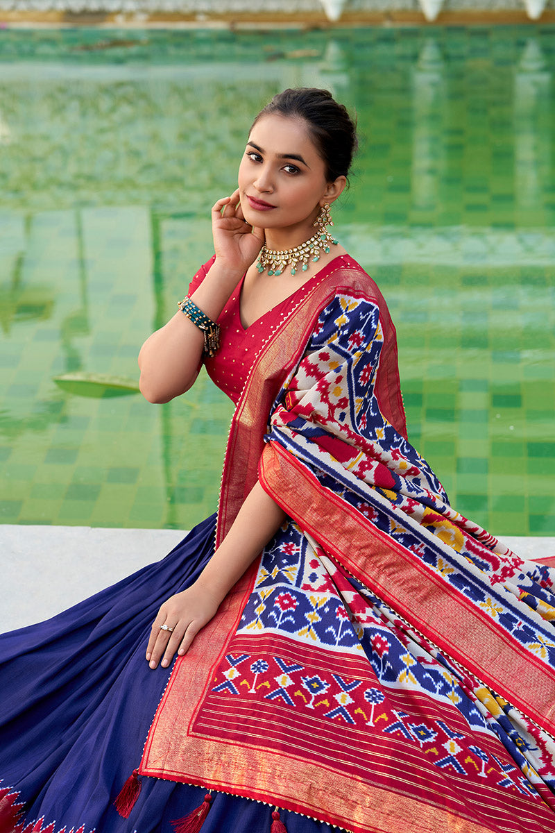Comely Navy Blue & Red Tusser Silk Lehenga Choli With Dupatta