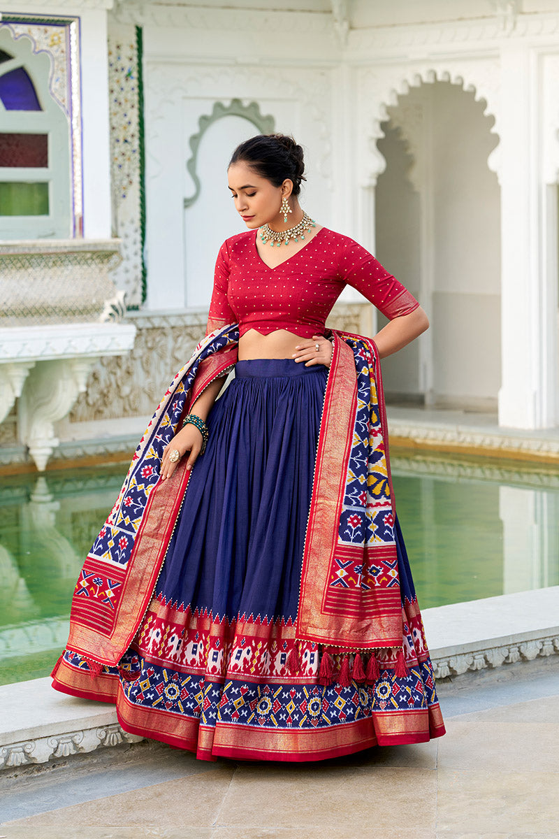 Comely Navy Blue & Red Tusser Silk Lehenga Choli With Dupatta
