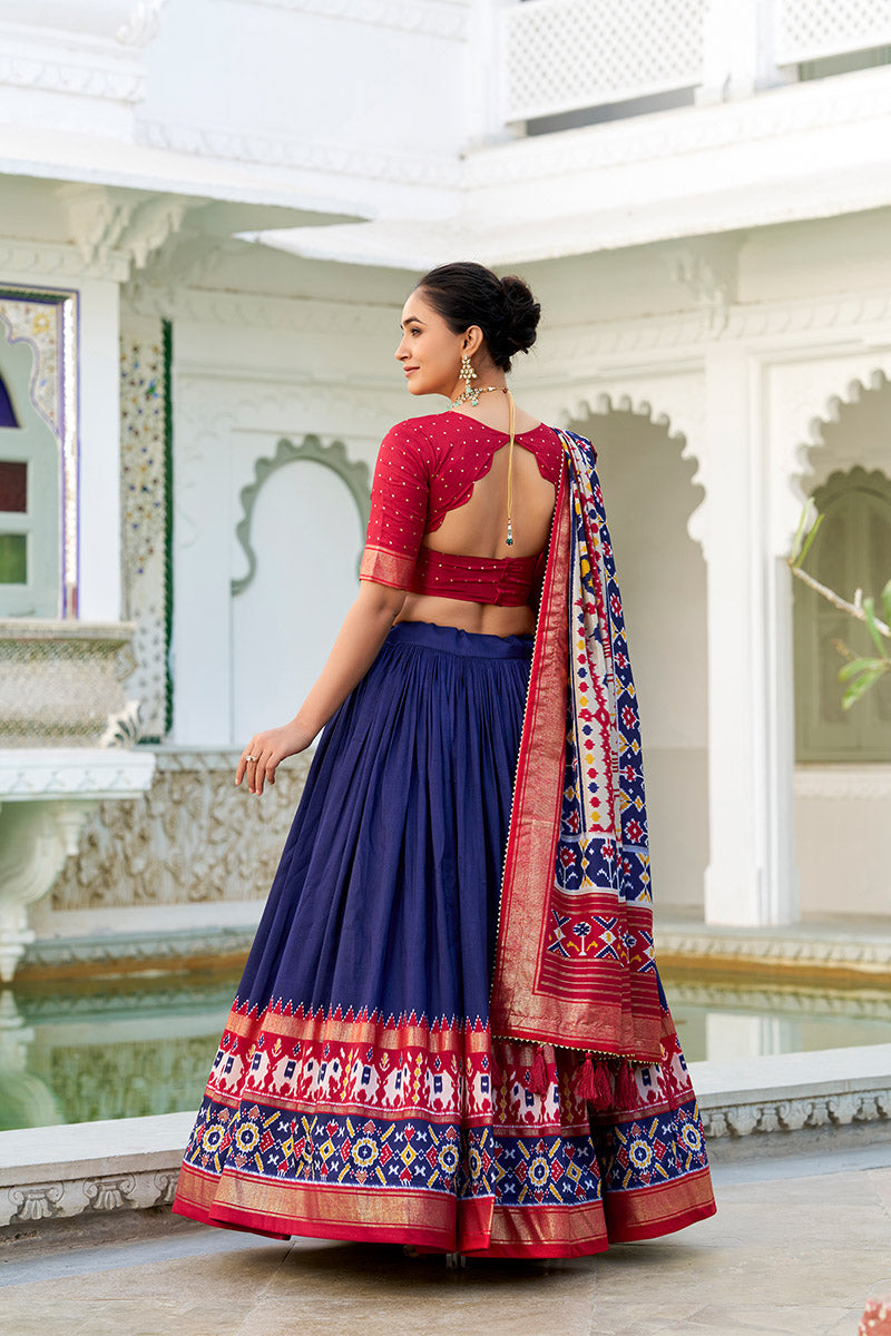 Comely Navy Blue & Red Tusser Silk Lehenga Choli With Dupatta