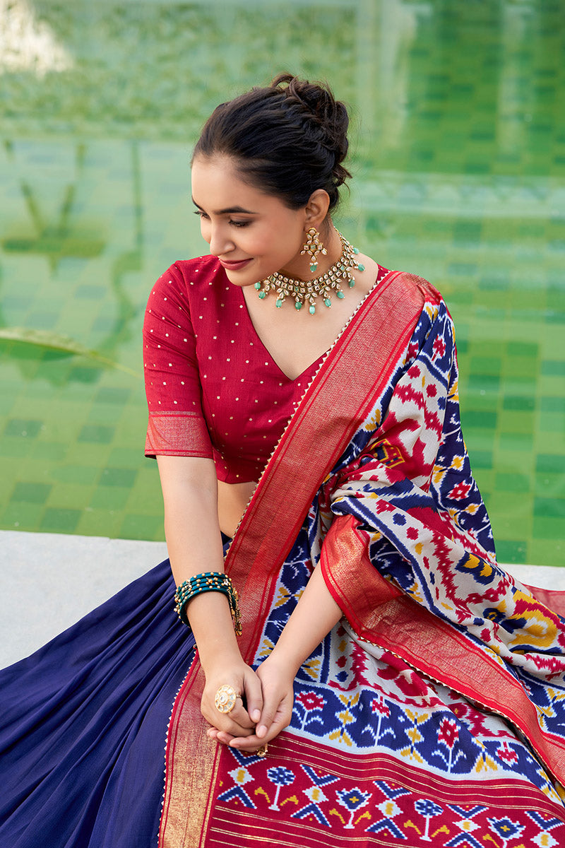 Comely Navy Blue & Red Tusser Silk Lehenga Choli With Dupatta