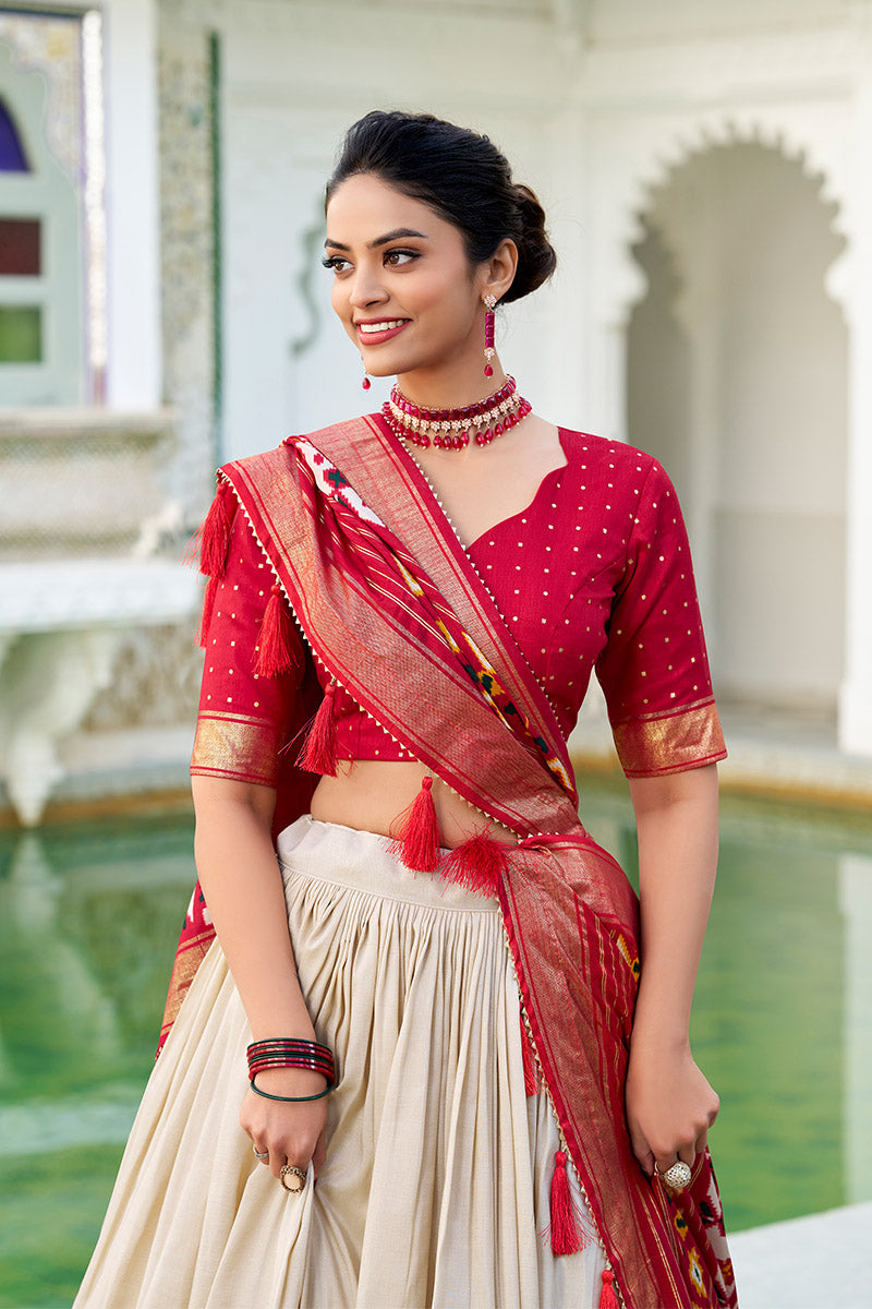 Comely White & Red Tusser Silk Lehenga Choli With Dupatta