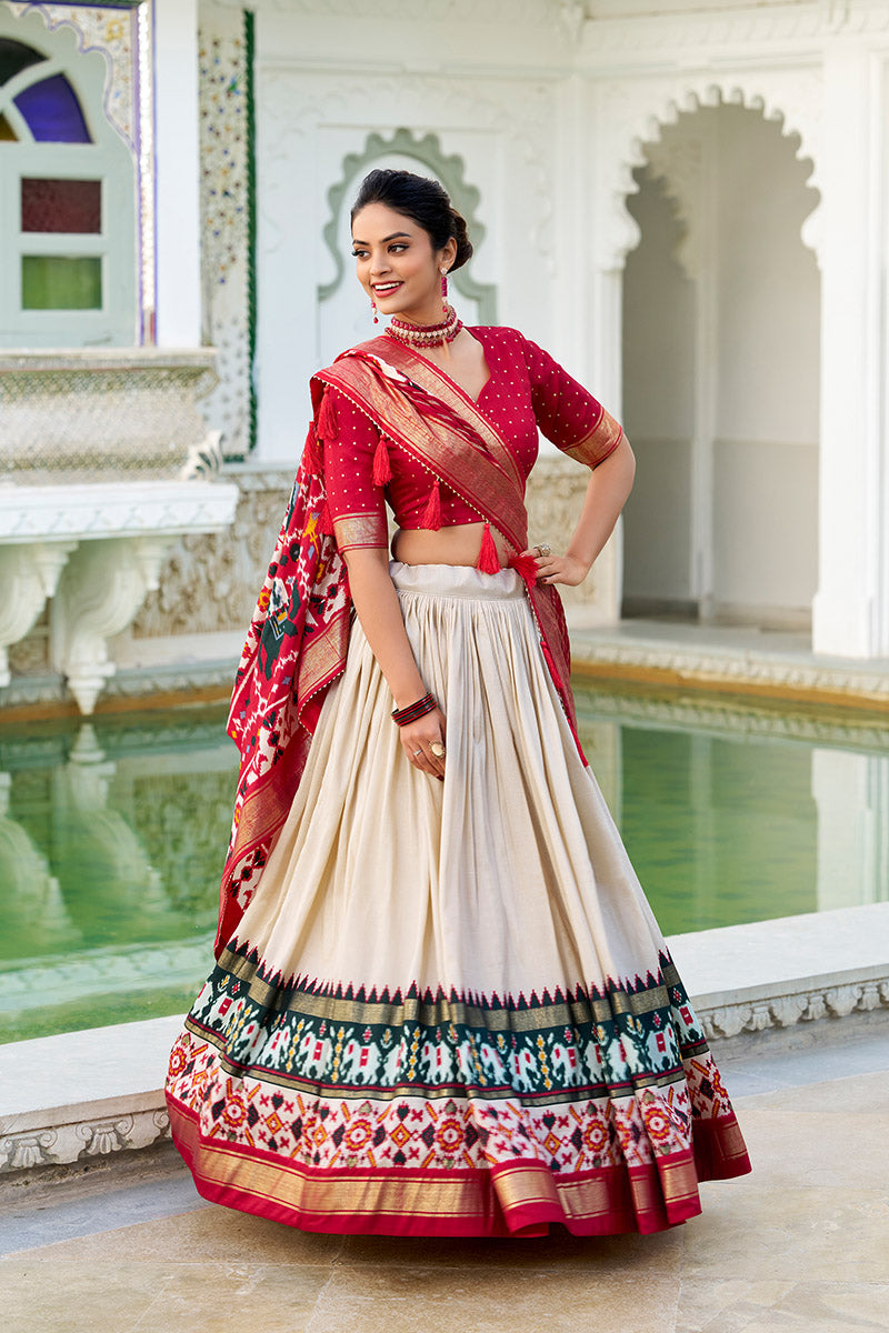 Comely White & Red Tusser Silk Lehenga Choli With Dupatta