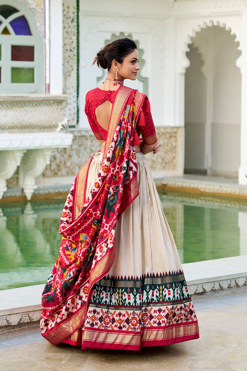 Comely White & Red Tusser Silk Lehenga Choli With Dupatta