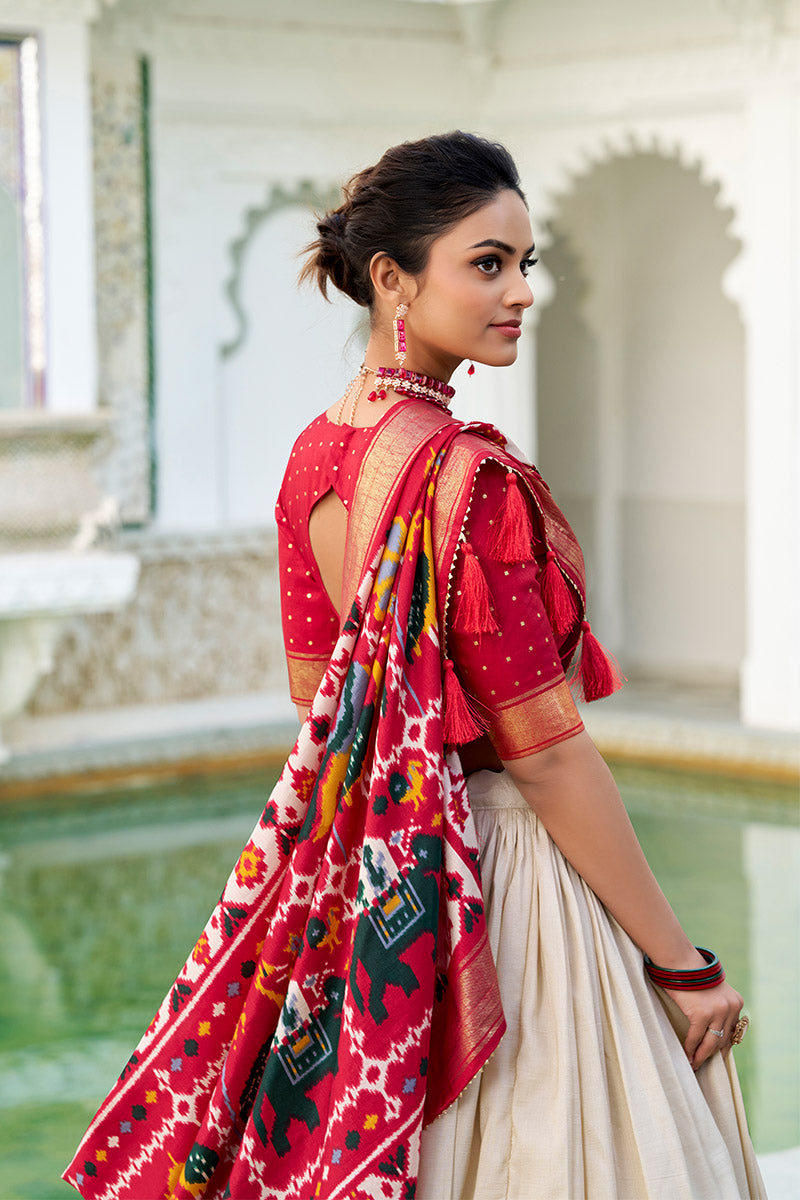 Comely White & Red Tusser Silk Lehenga Choli With Dupatta