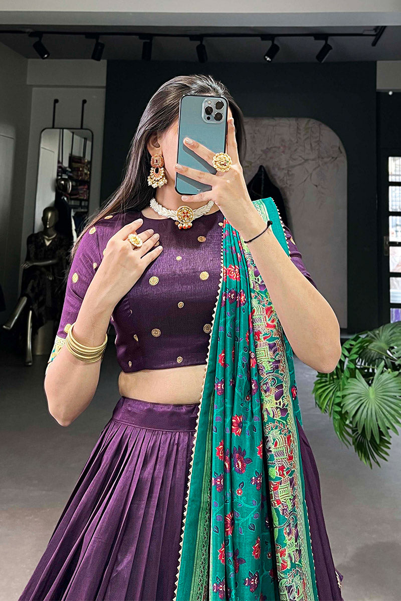 Regal Purple & Green Tusser Silk Lehenga Choli With Dupatta