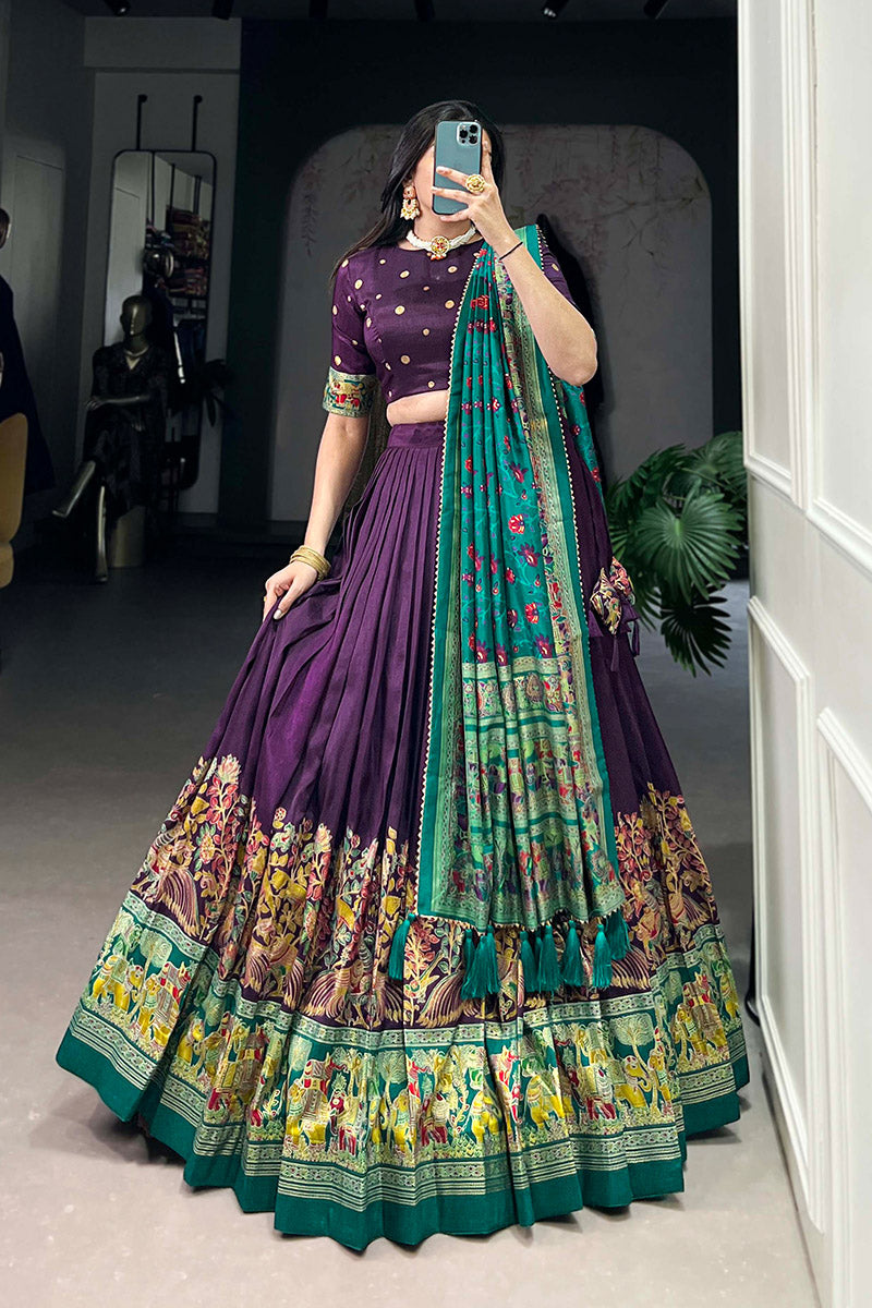 Regal Purple & Green Tusser Silk Lehenga Choli With Dupatta