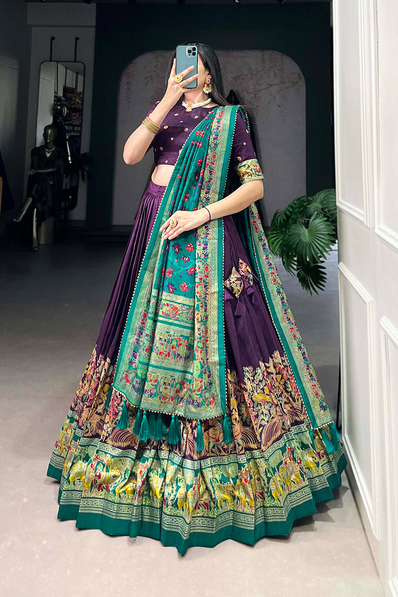Regal Purple & Green Tusser Silk Lehenga Choli With Dupatta