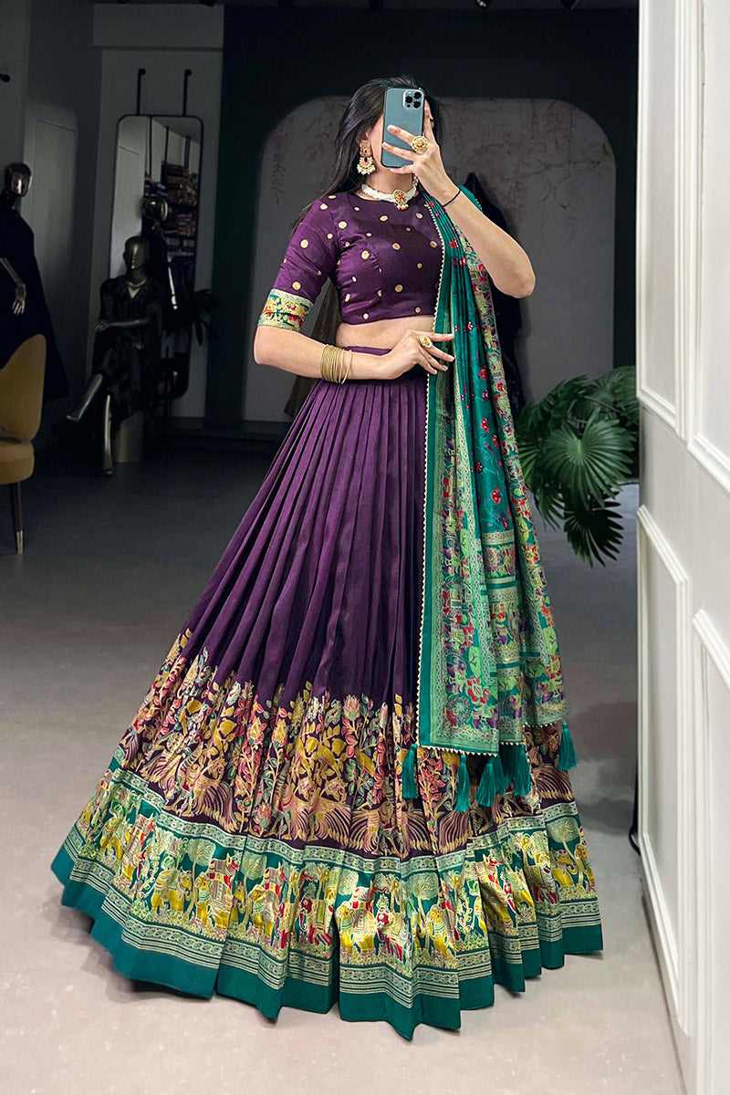 Regal Purple & Green Tusser Silk Lehenga Choli With Dupatta