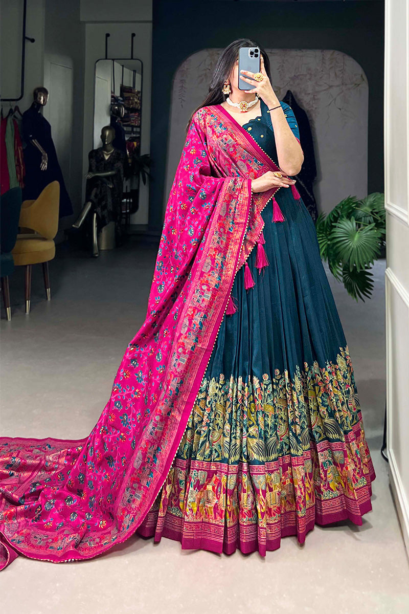 Exquisite Navy Blue & Pink Tusser Silk Lehenga Choli With Dupatta