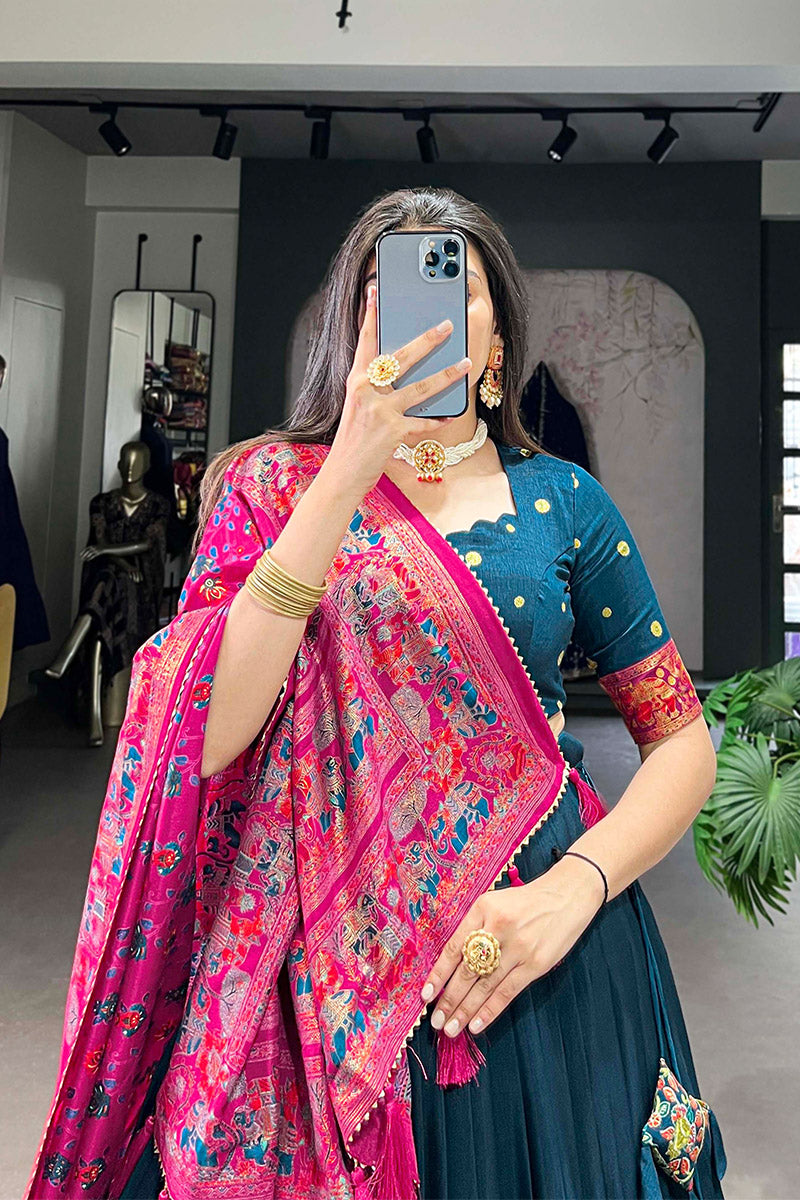 Exquisite Navy Blue & Pink Tusser Silk Lehenga Choli With Dupatta